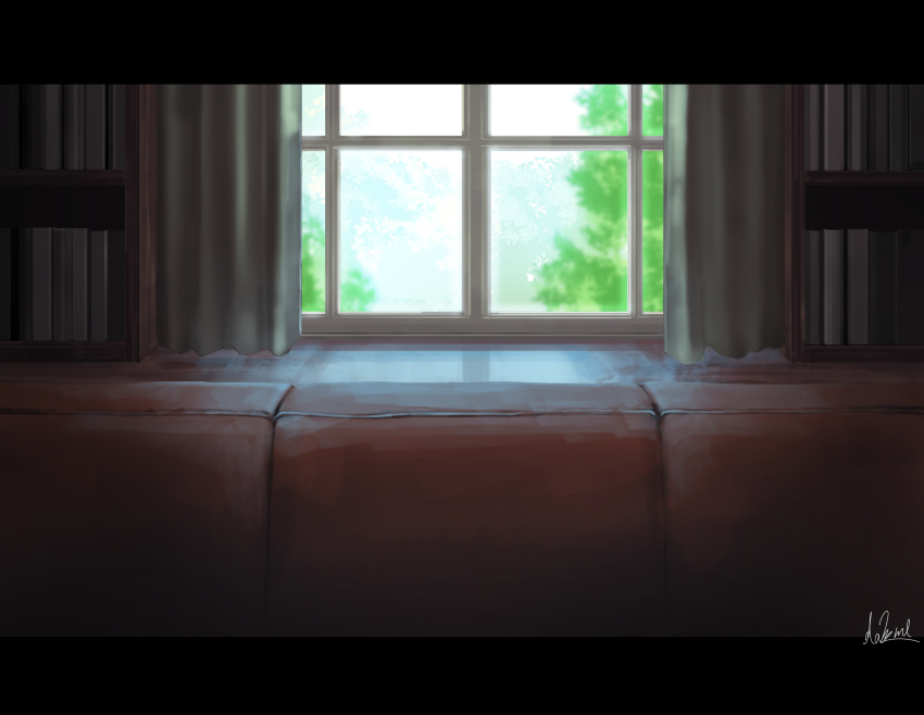 artist_name book bookshelf commentary_request couch curtains hakuurei_amano highres indoors letterboxed no_humans original scenery signature watermark window