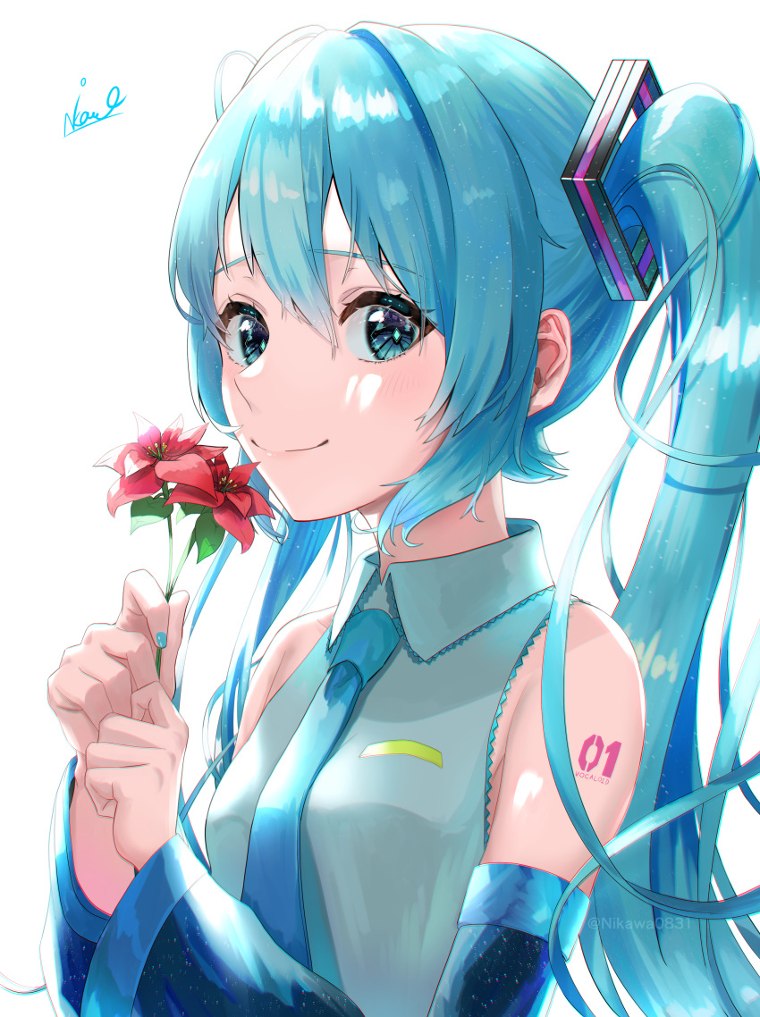 1girl absurdres backlighting black_sleeves blue_eyes blue_hair blue_necktie closed_mouth collared_shirt commentary_request detached_sleeves flower grey_shirt happy hatsune_miku headset highres holding holding_flower long_hair long_sleeves looking_at_viewer necktie shirt sleeveless sleeveless_shirt smile tatyaoekaki twintails upper_body very_long_hair vocaloid wide_sleeves