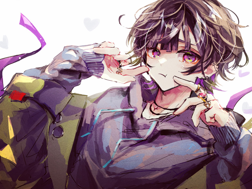 1boy absurdres closed_mouth ear_piercing earrings frown heart highres jewelry long_sleeves looking_at_viewer male_focus necklace original piercing purple_hair ring short_hair solo u-sama_(u_summer0719) violet_eyes white_background