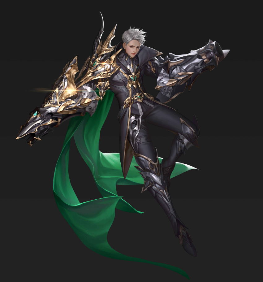 1boy absurdres armor armored_boots belt black_background black_pants black_shirt boots cannon cape full_body gold_trim green_cape grey_eyes highres lips looking_at_viewer male_focus official_art pants pink_lips r2_online shirt short_hair shoulder_armor taekwon_kim thigh_boots vambraces