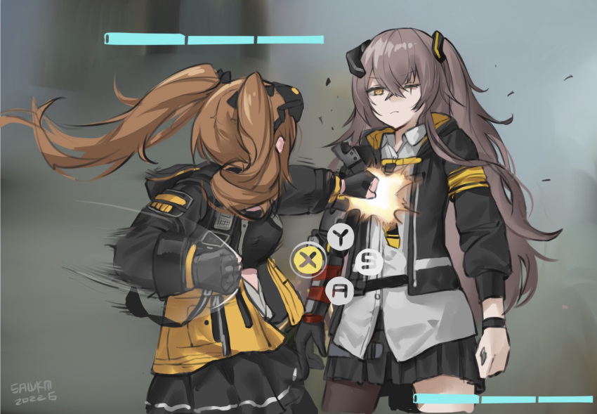 2girls artist_name bangs black_gloves black_legwear black_skirt blurry blurry_background brown_hair closed_mouth cowboy_shot dated expressionless fingerless_gloves girls_frontline gloves goggles goggles_on_head grey_hair hair_between_eyes hair_ornament health_bar highres hitting jacket long_hair looking_at_another metal_gear_(series) metal_gear_rising:_revengeance mod3_(girls'_frontline) multiple_girls night_vision_device one_side_up open_clothes open_jacket pantyhose parody pleated_skirt sawkm scar scar_across_eye scar_on_face scene_reference shirt skirt twintails ump45_(girls'_frontline) ump9_(girls'_frontline) white_shirt yellow_eyes
