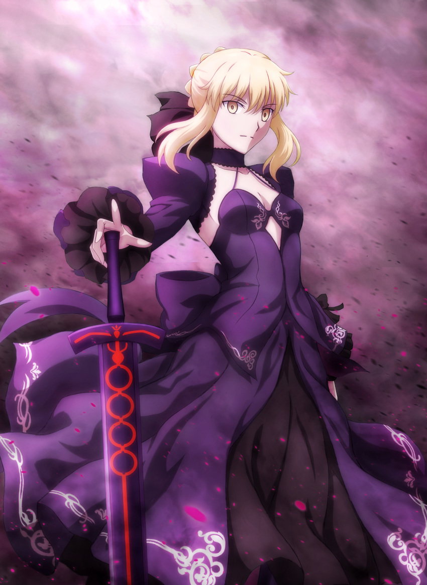 1girl absurdres artoria_pendragon_(fate) bangs black_bow black_dress blonde_hair bow breasts cameron_(pawoo) choker closed_mouth collarbone dress excalibur_(fate/stay_night) fate/stay_night fate_(series) hair_between_eyes hair_ornament hair_ribbon highres long_dress long_sleeves looking_at_viewer open_clothes open_dress ribbon saber saber_alter short_hair sidelocks small_breasts smile solo standing weapon yellow_eyes