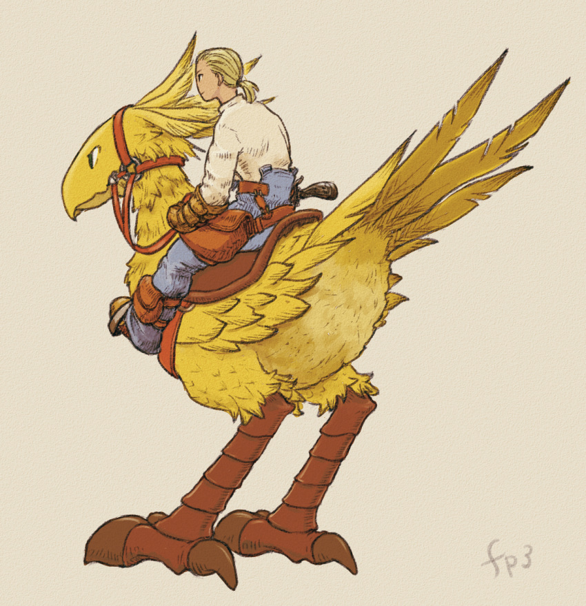 animal belt blonde_hair boots brown_gloves chocobo final_fantasy final_fantasy_tactics full_body gloves highres holster overalls reins riding saddle shirt simple_background standing white_shirt windcaller