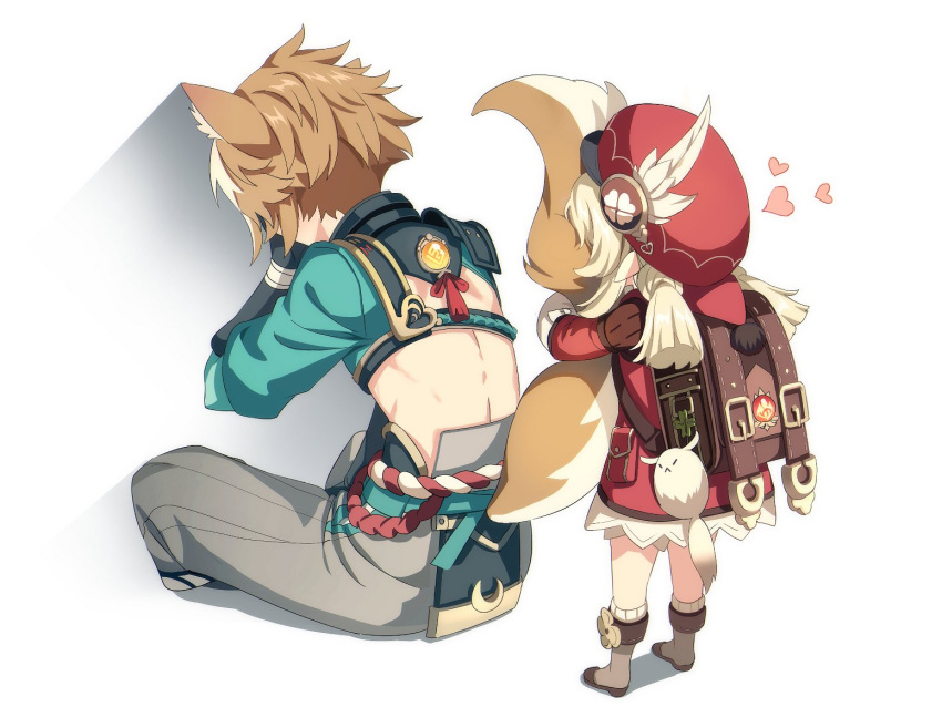 1boy 1girl animal_ear_fluff animal_ears armor back backpack bag bag_charm bob_(bab67ii) boots brown_bag brown_footwear brown_gloves brown_hair cabbie_hat charm_(object) clover_print coat covering_face crop_top dog_boy dog_ears dog_tail dress from_behind genshin_impact gloves gorou_(genshin_impact) hat hat_feather heart japanese_armor klee_(genshin_impact) light_brown_hair low_twintails medium_hair multicolored_hair pointy_ears randoseru red_coat red_dress red_headwear simple_background streaked_hair tail tail_hug twintails vision_(genshin_impact) white_background white_hair