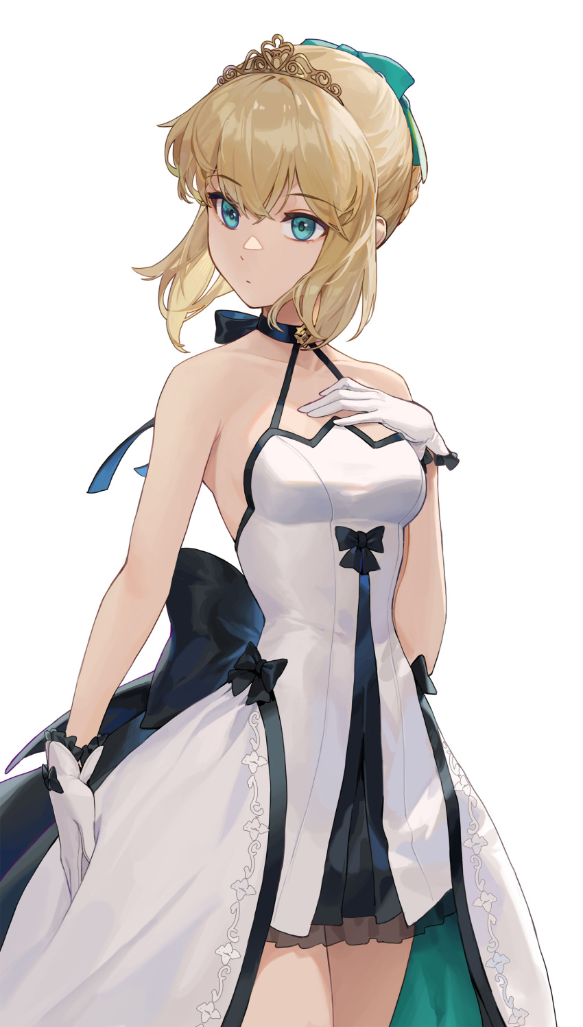 1girl absurdres artoria_pendragon_(fate) bangs bare_shoulders black_bow blonde_hair blue_eyes bow breasts choker closed_mouth collarbone cotta_(heleif) crown dress fate/grand_order fate/stay_night fate_(series) gloves gold green_bow hair_between_eyes hair_bow hair_ornament hands_on_own_breasts highres jewelry ornament ribbon_choker saber short_hair simple_background sleeveless small_breasts solo standing upper_body white_background white_dress white_gloves