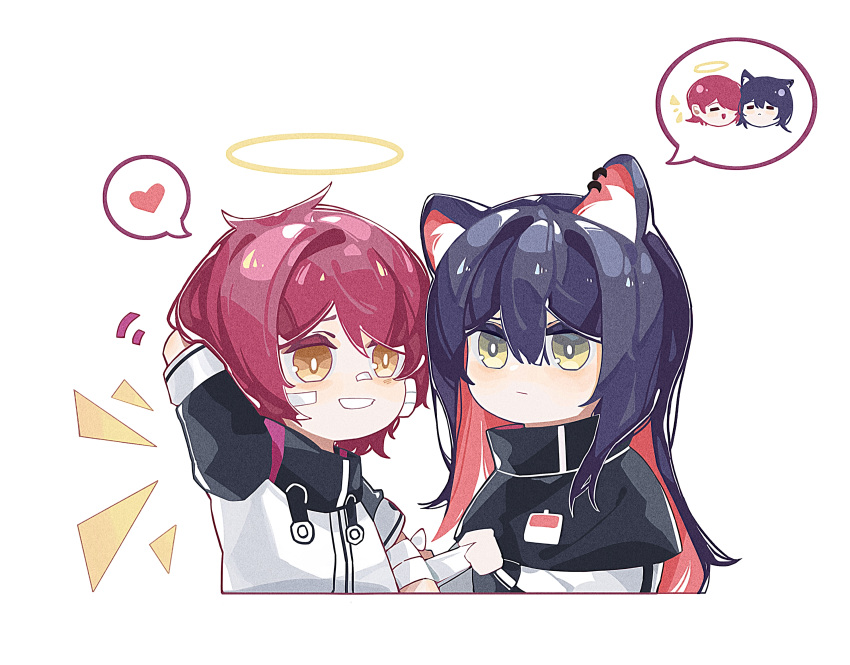 2girls absurdres animal_ear_fluff animal_ears arknights arm_behind_head bandaged_arm bandages bandaid bandaid_on_face bandaid_on_nose black_hair capelet chibi detached_wings exusiai_(arknights) first_aid green_eyes halo haobuguniao heart highres id_card jacket long_hair motion_lines multiple_girls redhead short_hair simple_background smile spoken_character spoken_heart teeth texas_(arknights) white_background white_jacket wings yellow_eyes