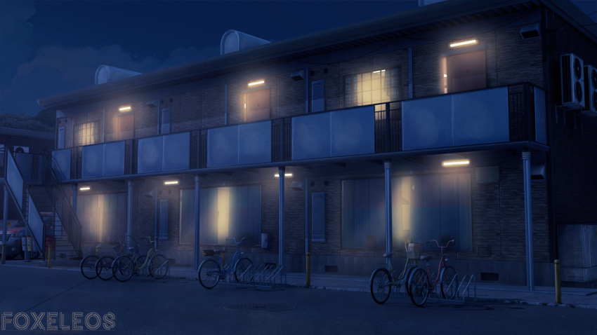 air_conditioner apartment bicycle building car commentary door english_commentary foxeleos grass ground_vehicle highres light motor_vehicle night night_sky no_humans original outdoors scenery sky stairs window