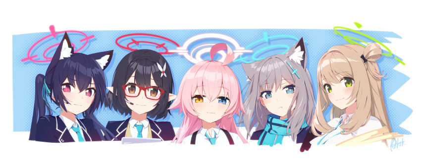 5girls absurdres ahoge animal_ear_fluff animal_ears ayane_(blue_archive) azumi_akitake bangs black_hair blue_archive blue_eyes blue_necktie blush breasts brown_eyes cat_ears closed_mouth collared_shirt cross_hair_ornament earrings extra_ears flower glasses green_eyes grey_hair hair_between_eyes hair_bun hair_flower hair_ornament hairclip halo heterochromia highres hoshino_(blue_archive) jewelry light_brown_hair long_hair looking_at_viewer mismatched_pupils multiple_girls necktie nonomi_(blue_archive) pink_hair pointy_ears red-framed_eyewear red_eyes school_uniform serika_(blue_archive) shiroko_(blue_archive) shirt short_hair single_hair_bun single_side_bun smile twintails yellow_eyes