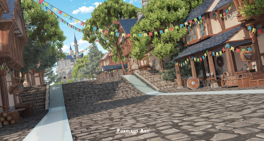 absurdres axe blender_(medium) blue_sky building castle cityscape clouds cobblestone commentary crate english_commentary foxeleos highres house log no_humans original outdoors pavement photoshop_(medium) road scenery shield sky stairs street string_of_flags tree watermark wheel
