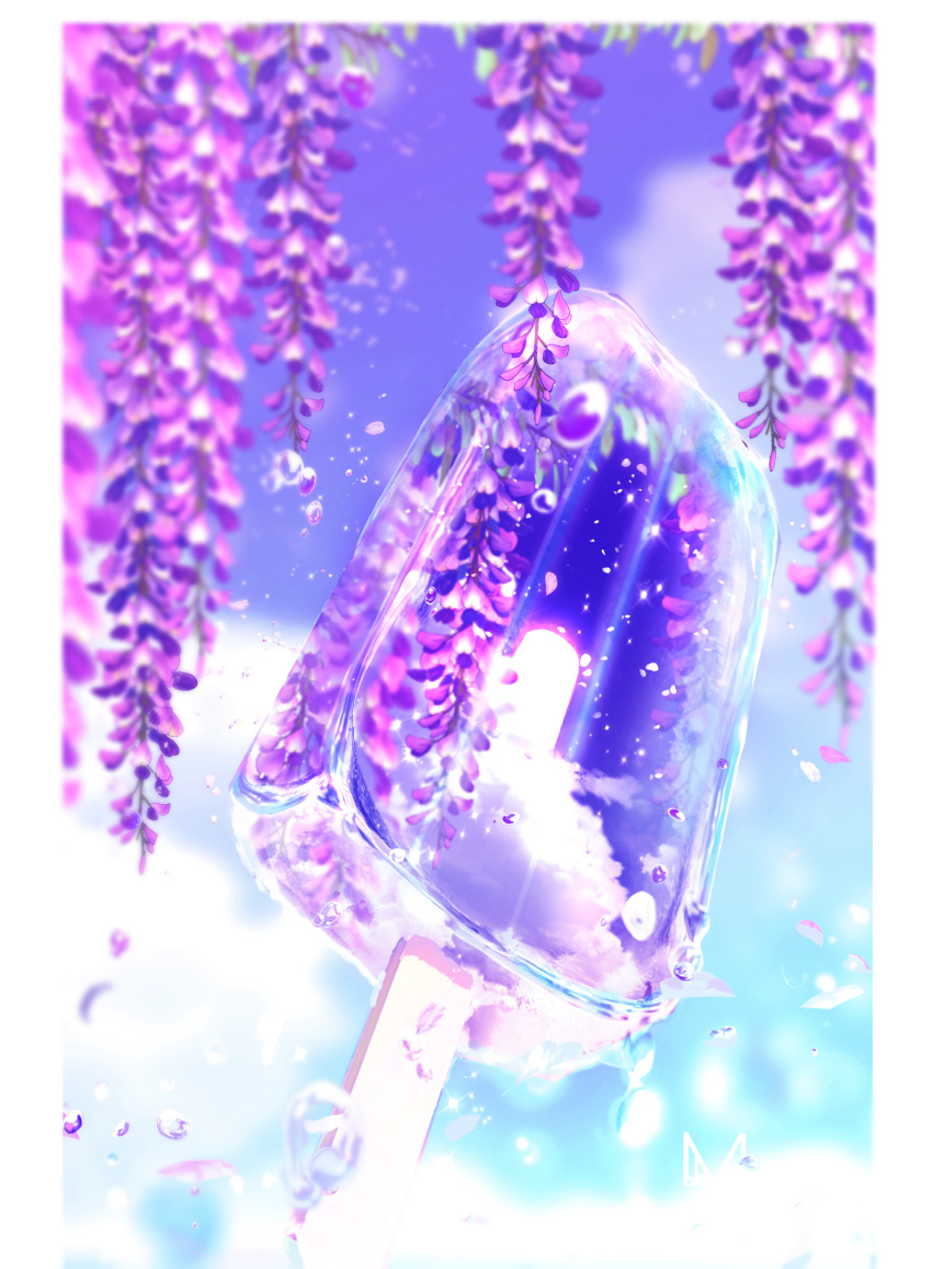 clouds cloudy_sky day dessert falling_petals flower food highres ice_cream leaf makoron117117 melting original petals plant reflection reflective_water scenery sky transparent water_drop wisteria wood