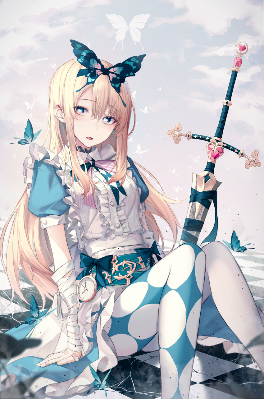 1girl absurdres alice_(grimlight) apron back_bow bandaged_arm bandages bangs belt blonde_hair blue_belt blue_bow blue_bowtie blue_choker blue_dress blue_eyes blue_hairband blush bow bowtie breasts bug butterfly butterfly_hair_ornament butterfly_wings buttons choker clouds cloudy_sky collared_dress darang dress dress_bow eyes_visible_through_hair fang fangs feet_out_of_frame floor flying frills gold gradient gradient_sky grey_apron grey_bow grey_sky grimlight hair_between_eyes hair_ornament hairband heart heart_in_eye highres long_hair looking_to_the_side medium_breasts multicolored_bow multicolored_bowtie multicolored_eyes open_mouth pantyhose pinafore_dress pink_bow pink_bowtie pink_eyes pink_sky puffy_short_sleeves puffy_sleeves short_sleeves sidelocks sitting sky solo sparkle sparkle_print star_(symbol) star_print striped striped_bow striped_bowtie sword symbol_in_eye teeth tongue weapon white_bow white_bowtie white_legwear wings