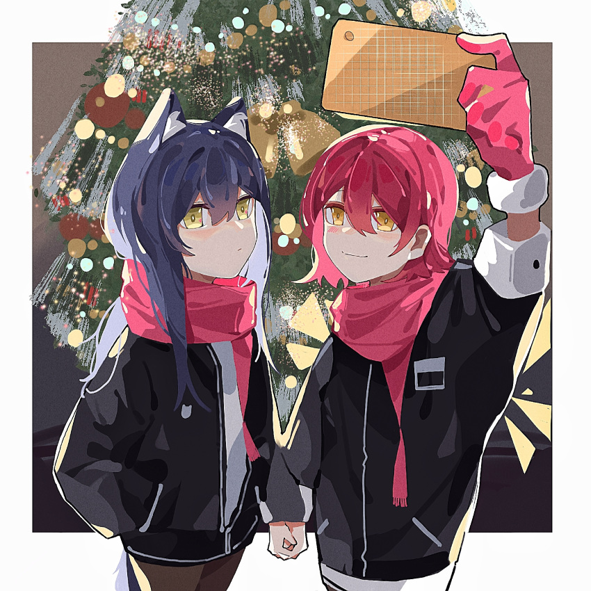 2girls animal_ears arknights arm_up bangs black_hair black_jacket blush christmas_tree closed_mouth exusiai_(arknights) gloves hand_in_pocket haobuguniao highres holding holding_hands holding_phone jacket long_hair long_sleeves looking_at_viewer multiple_girls phone pink_gloves scarf selfie short_hair texas_(arknights) upper_body wolf_ears yellow_eyes yuri