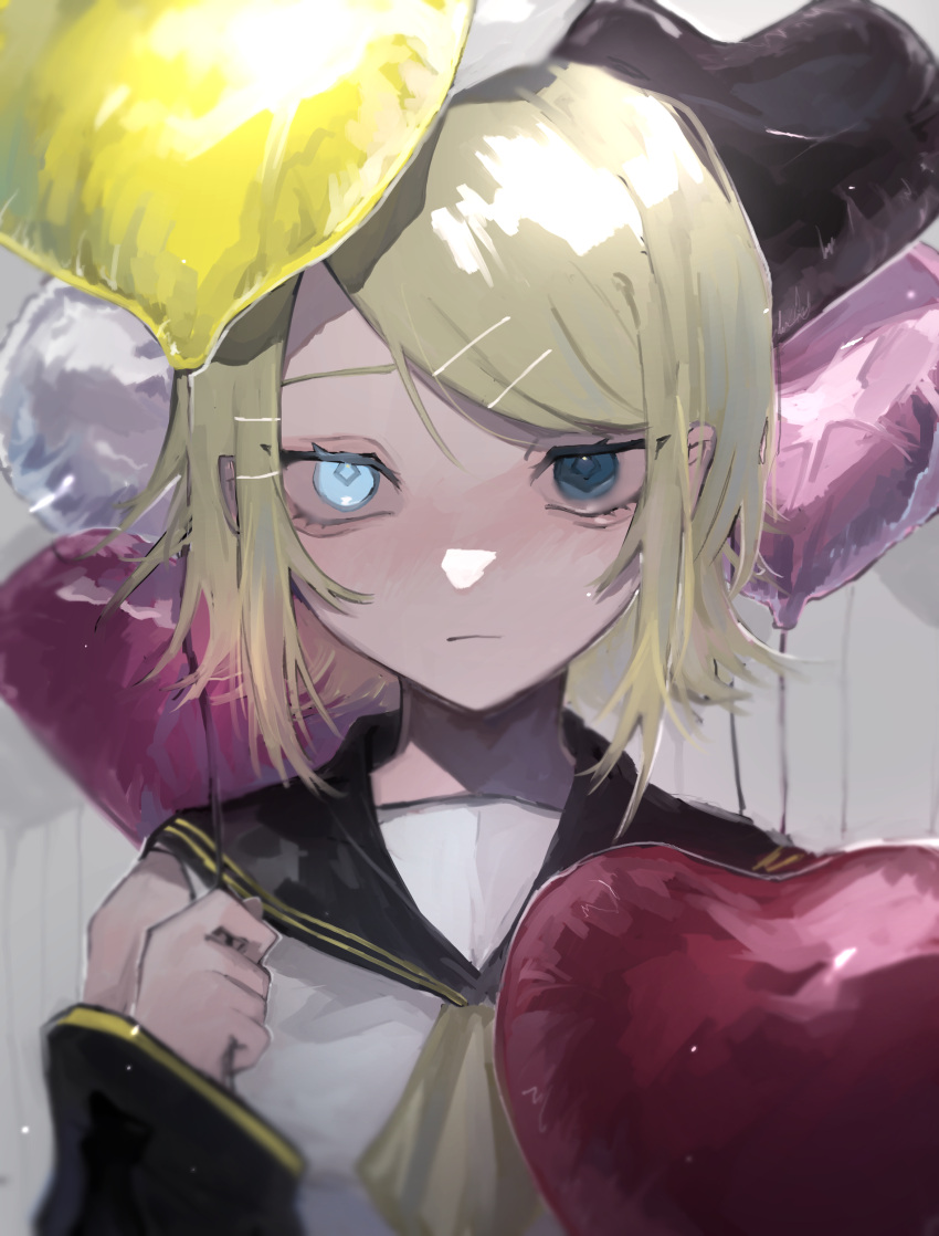 1girl absurdres balloon bangs blonde_hair blue_eyes blush commentary detached_sleeves frown glowing glowing_eye hair_ornament hairclip heart_balloon heterochromia highres holding holding_balloon kagamine_rin kajiwara_3 long_sleeves looking_at_viewer neckerchief parted_bangs sailor_collar short_hair solo vocaloid