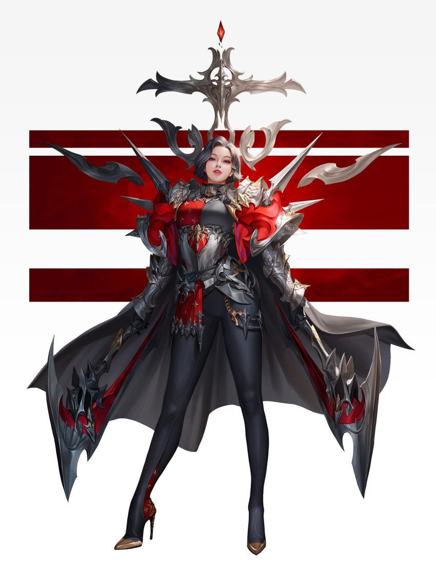 1girl absurdres armor axe black_bodysuit black_cape black_hair bodysuit breasts cape commentary dual_wielding english_commentary full_body high_heels highres holding holding_axe lips looking_at_viewer medium_breasts medium_hair mole mole_under_eye original parted_lips red_lips shoulder_armor solo standing taekwon_kim teeth vambraces violet_eyes white_background