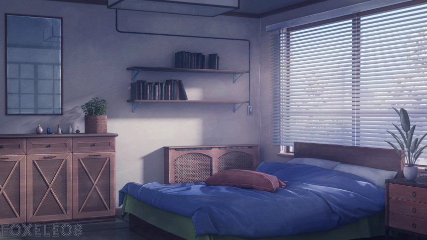artist_name bed bedroom book book_shelf cabinet ceiling_light commentary day english_commentary foxeleos highres indoors mirror no_humans original pillow reflection scenery watermark window