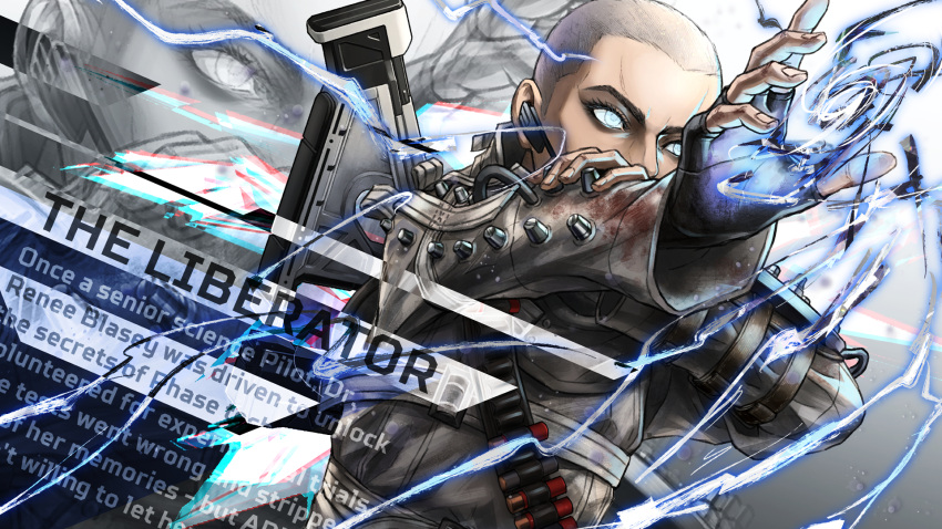 1girl apex_legends bald bald_girl black_gloves blood blood_on_clothes blue_eyes electricity english_text fingerless_gloves gloves grey_jacket hand_on_own_arm highres jacket official_alternate_costume r777668 solo the_liberator_wraith wraith_(apex_legends) zoom_layer