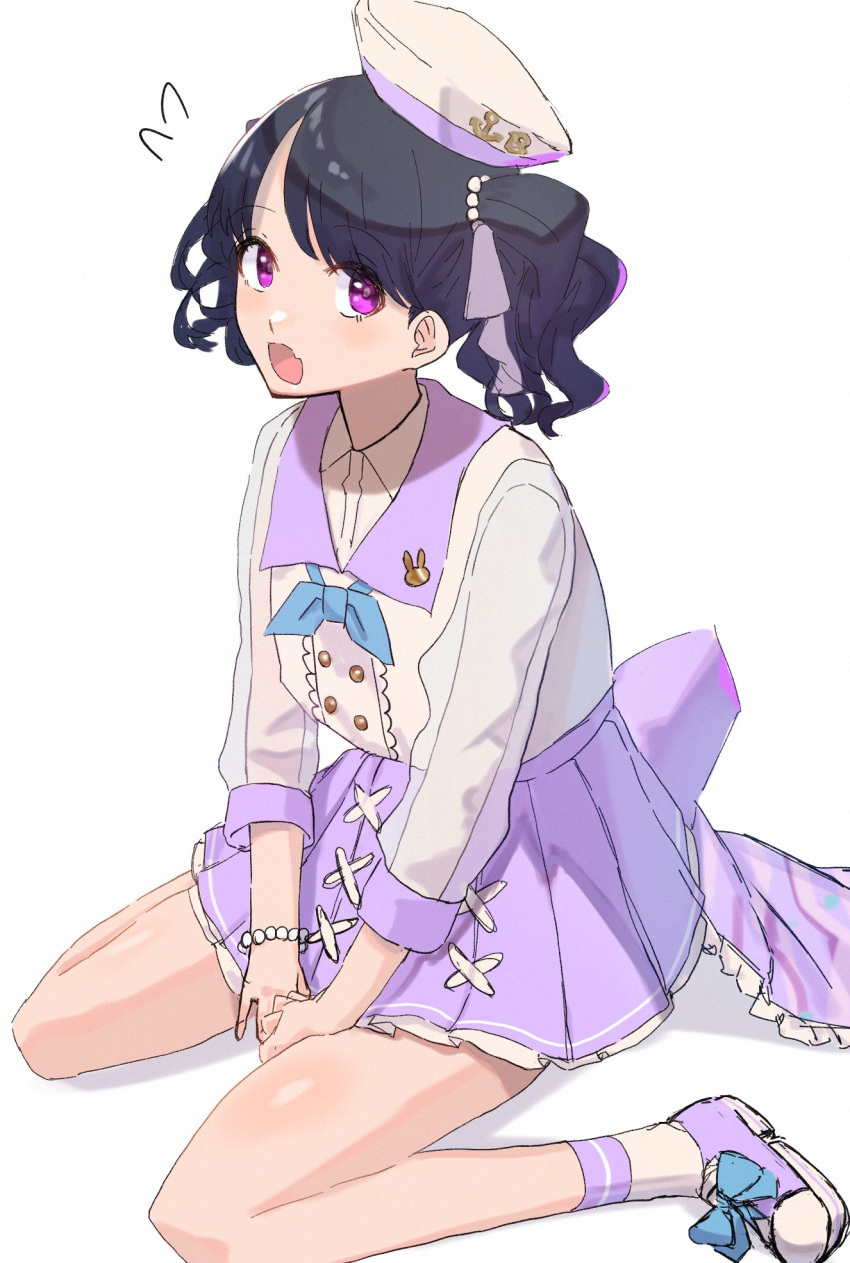 1girl black_hair commentary_request fangs flying_sweatdrops fukumaru_koito hat highres idolmaster idolmaster_poplinks idolmaster_shiny_colors konakuso looking_at_viewer miniskirt pleated_skirt purple_skirt sailor_collar sailor_hat see-through see-through_sleeves shirt sitting skin_fangs skirt solo thighs twintails violet_eyes wariza white_background white_shirt
