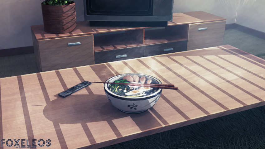 artist_name bowl chopsticks commentary controller english_commentary food foxeleos highres indoors no_humans noodles original ramen remote_control scenery shadow steam table television watermark