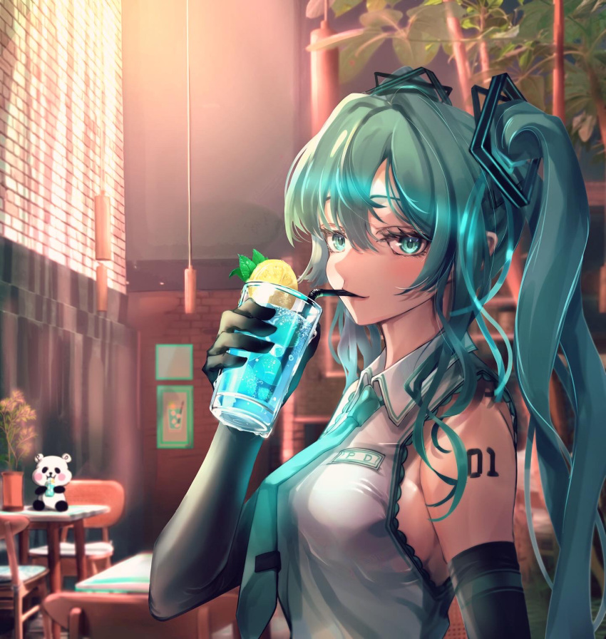1girl breasts elbow_gloves gloves hair_ornament hatsune_miku highres long_hair looking_at_viewer necktie pan_da425 sideboob twintails very_long_hair vocaloid