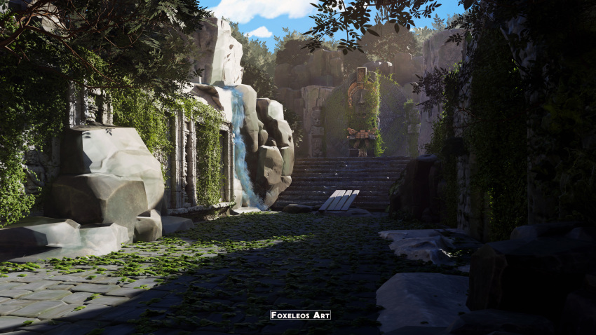 absurdres blender_(medium) blue_sky clouds commentary english_commentary foxeleos highres no_humans original outdoors photoshop_(medium) plant rock ruins scenery sett shadow sky stairs statue tree vines water waterfall watermark