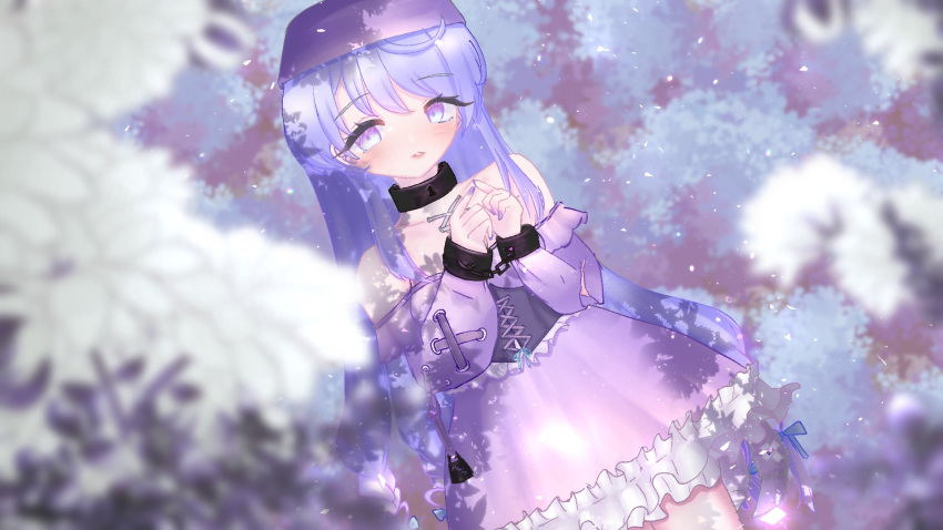 1girl amiya_aranha bangs black_corset collarbone corset detached_sleeves dress english_commentary hat highres inukai_purin_(artist) leaf long_hair looking_at_viewer parted_lips purple_dress purple_hair purple_headwear shadow solo tsunderia violet_eyes