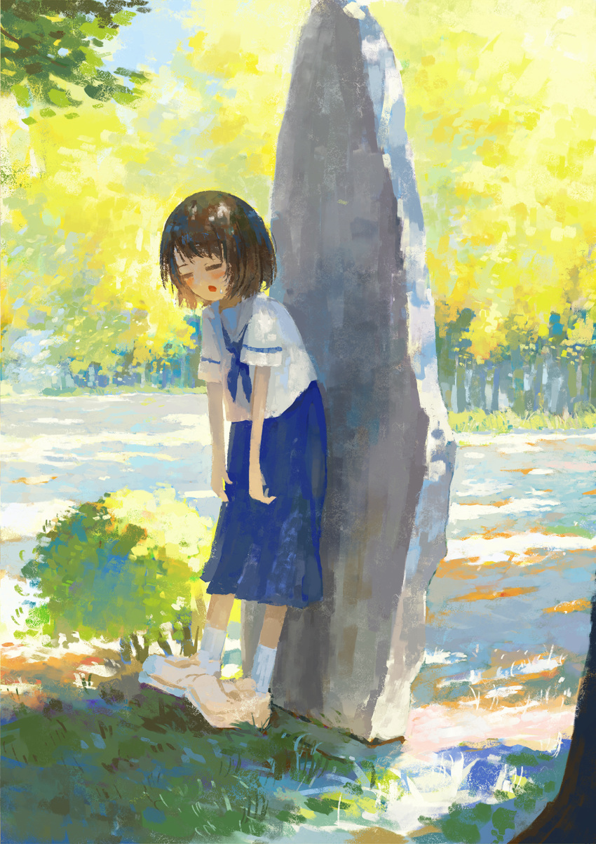 1girl blue_neckerchief blue_skirt blush brown_hair closed_eyes day fjsmu grass highres leaning_forward neckerchief open_mouth original outdoors resting rock sailor_collar scenery school_uniform serafuku shirt short_hair skirt solo tree white_footwear white_shirt