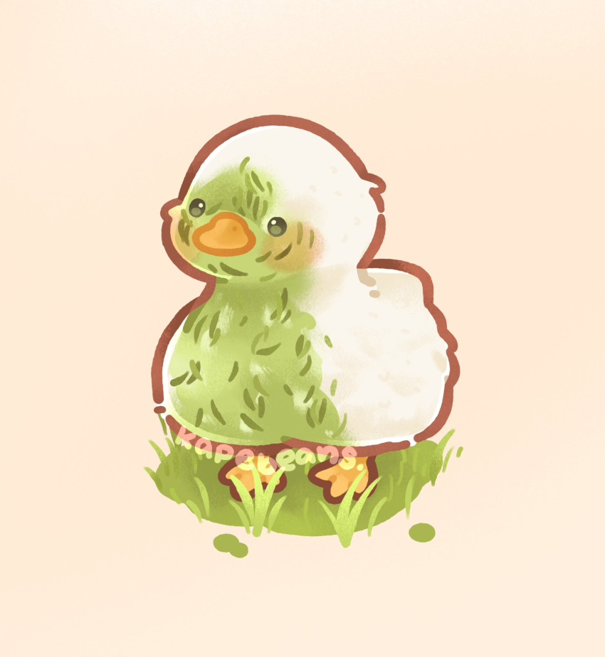 animal animal_focus artist_name bird chibi commentary_request duck grass highres kapebeansies looking_afar no_humans original photo-referenced simple_background standing watermark