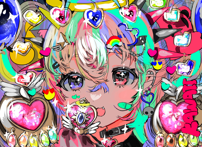 1girl :3 absurdres bandaid bandaid_on_cheek bandaid_on_face blonde_hair blue_hair blush choker fang green_hair heterochromia highres long_hair looking_at_viewer magical_girl momae_makku multicolored_hair open_mouth original pink_eyes pink_hair solo violet_eyes wand