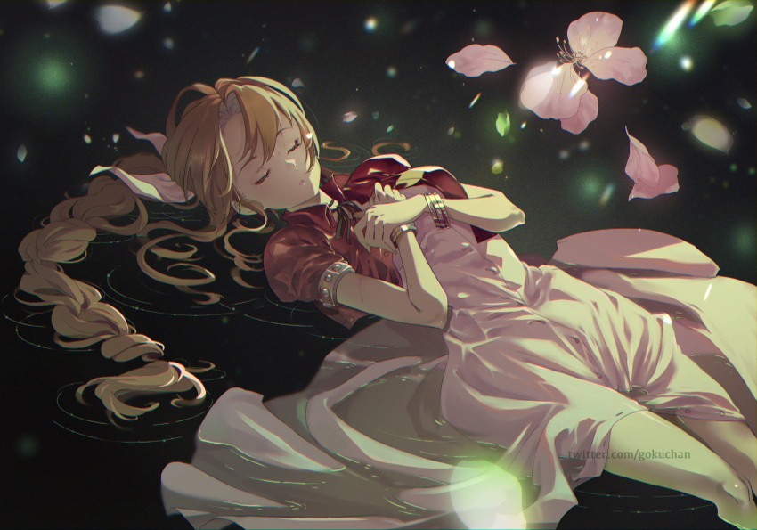 1girl aerith_gainsborough bangs black_background bracelet braid braided_ponytail breasts brown_hair buttons cherry_blossoms choker closed_eyes cropped_jacket dress falling_petals final_fantasy final_fantasy_vii flower goku-chan hair_ribbon hands_on_own_chest highres jacket jewelry long_dress long_hair lying medium_breasts on_back own_hands_together parted_bangs parted_lips petals pink_dress pink_flower puffy_short_sleeves puffy_sleeves red_jacket ribbon short_sleeves sidelocks solo upper_body wavy_hair