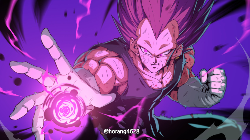 1boy absurdres battle_damage clenched_hand closed_mouth dragon_ball dragon_ball_super gloves highres horang4628 incoming_attack male_focus muscular muscular_male no_eyebrows purple_hair solo spiky_hair torn_clothes ultra_ego_(dragon_ball) vegeta violet_eyes white_gloves