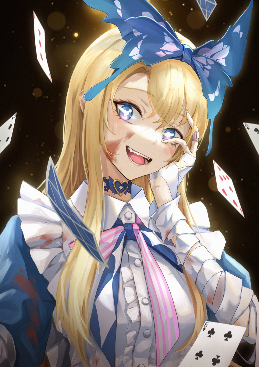 1girl absurdres alice_(grimlight) apron bandaged_arm bandages bandaid bandaid_on_hand bangs black_background blonde_hair blood blood_on_clothes blood_on_face blue_bow blue_bowtie blue_choker blue_dress blue_eyes blue_hairband blush bow bowtie breasts brown_background bug butterfly butterfly_hair_ornament butterfly_wings buttons card choker collared_dress dress fang fangs fingernails frills grey_apron grimlight hair_between_eyes hair_ornament hairband hand_on_own_face hand_up heart heart_in_eye highres light long_fingernails long_hair looking_to_the_side medium_breasts multicolored_bow multicolored_bowtie multicolored_eyes nymbryxion101 open_mouth pink_bow pink_bowtie playing_card puffy_short_sleeves puffy_sleeves short_sleeves smile solo striped striped_bow striped_bowtie symbol_in_eye teeth tongue violet_eyes white_bow white_bowtie wings