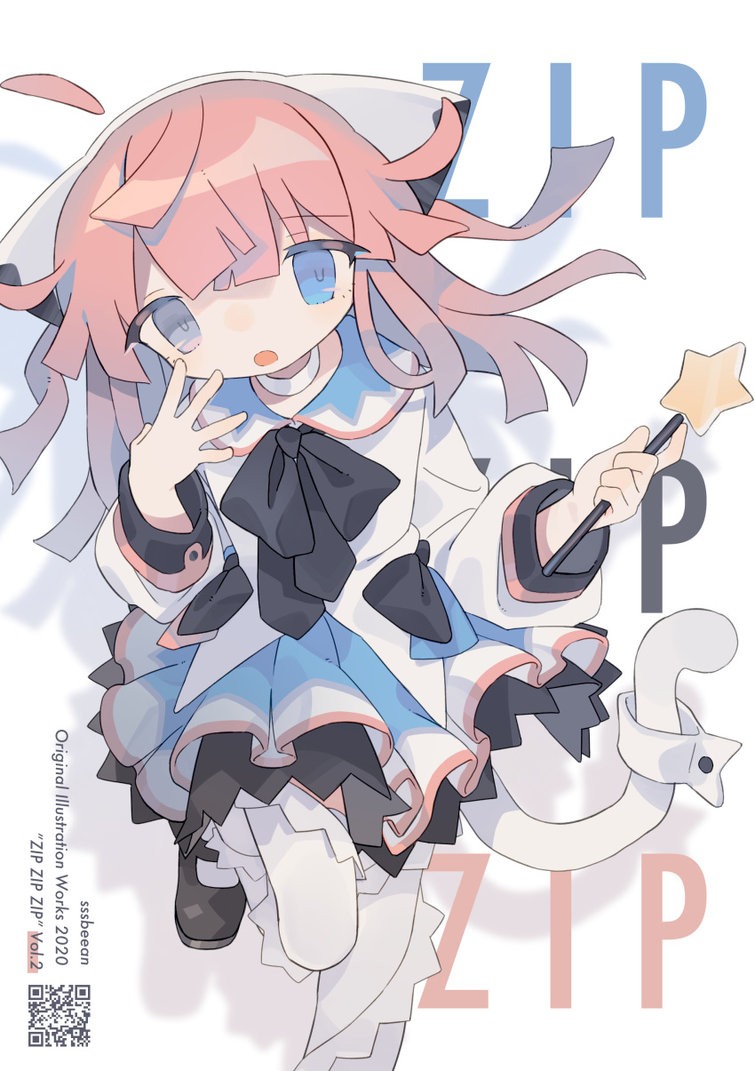 1girl :o absurdres ahoge animal_ears artist_name bangs black_bow black_footwear black_ribbon blue_eyes blue_skirt bow cat_ears cat_tail collared_shirt cover cover_page daizu_(melon-lemon) dated detached_ahoge drop_shadow english_text fake_animal_ears foot_against_wall foot_out_of_frame grey_eyes hairband hand_on_own_face hand_up heterochromia highres holding holding_wand long_hair long_sleeves looking_at_viewer mary_janes multicolored_clothes multicolored_skirt neck_ribbon open_mouth original pink_hair qr_code ribbon shirt shoes skirt solo standing standing_on_one_leg star_(symbol) tail tail_ornament thigh-highs wand white_background white_hairband white_legwear white_shirt white_skirt