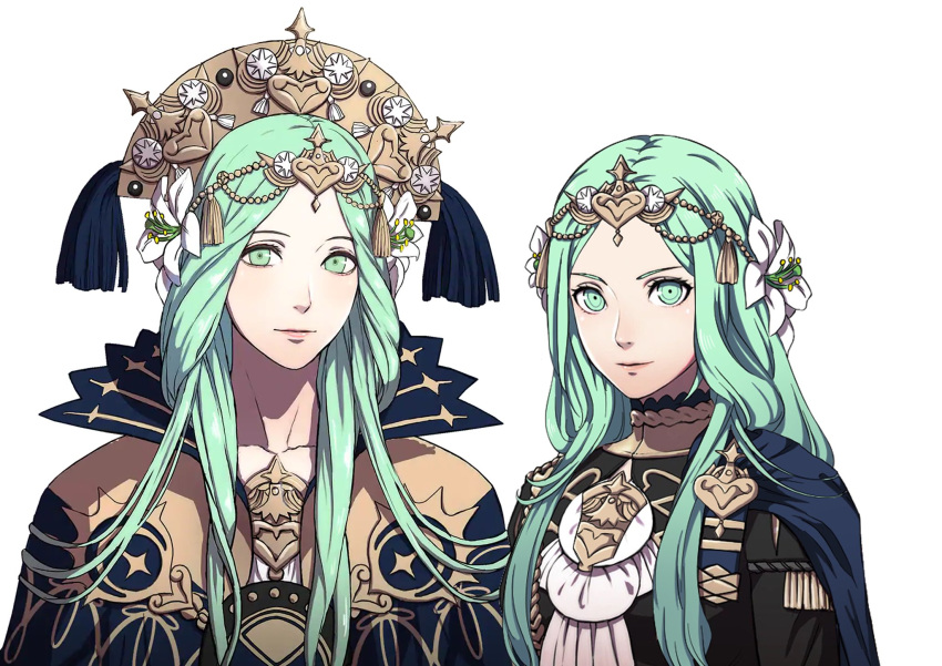 2girls alternate_form archbishop blue_cape cape covered_ears crown edelgard_von_hresvelg edit edited fire_emblem fire_emblem:_three_houses fire_emblem_heroes fire_emblem_warriors:_three_hopes flower flower_hair_ornament flower_on_head froggykind garreg_mach_monastery_uniform goddess green_eyes green_hair hair_ornament intelligent_systems kurahana_chinatsu_(style) lips long_hair looking_at_viewer nintendo official_art rhea_(fire_emblem) simple_background super_smash_bros. tiara