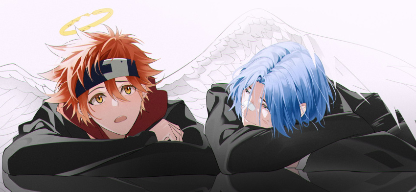 2boys angel angel_wings bandaid bandaid_on_face bandaid_on_nose blue_eyes blue_hair blue_headband cuts dhfz181 feathered_wings halo hasegawa_langa headband highres injury kyan_reki long_sleeves looking_at_another looking_to_the_side male_focus medium_hair multiple_boys open_mouth orange_eyes redhead short_hair sk8_the_infinity wings