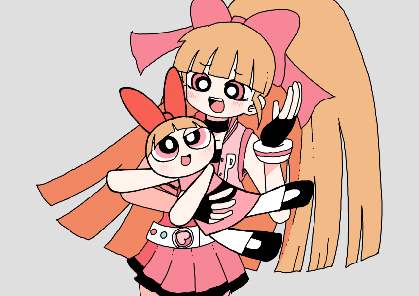 1girl 2girls abe_tomomi bangs belt blossom_(ppg) blunt_bangs blush bow buckle choker dress fingerless_gloves gloves hair_bow highres jacket letterman_jacket long_hair looking_at_another multiple_girls open_mouth orange_hair pink_dress pink_eyes ponytail powerpuff_girls powerpuff_girls_z simple_background sleeveless smile very_long_hair white_legwear