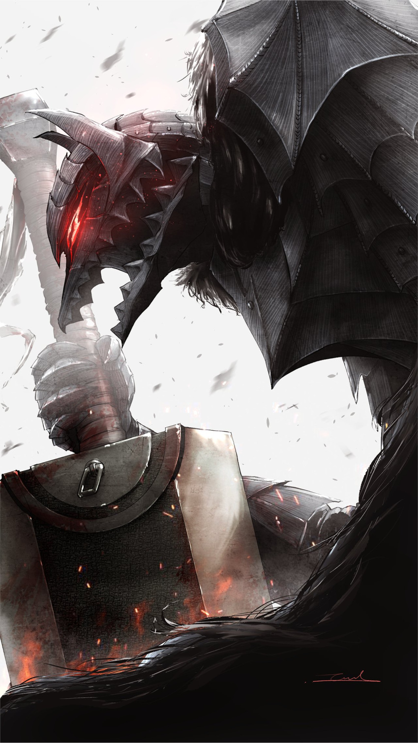 1boy armor berserk berserker_armor black_armor black_cape blood cape dragonslayer_(sword) full_armor guts_(berserk) helmet highres holding holding_weapon huge_weapon male_focus muscular red_eyes simple_background solo sword taka-f weapon