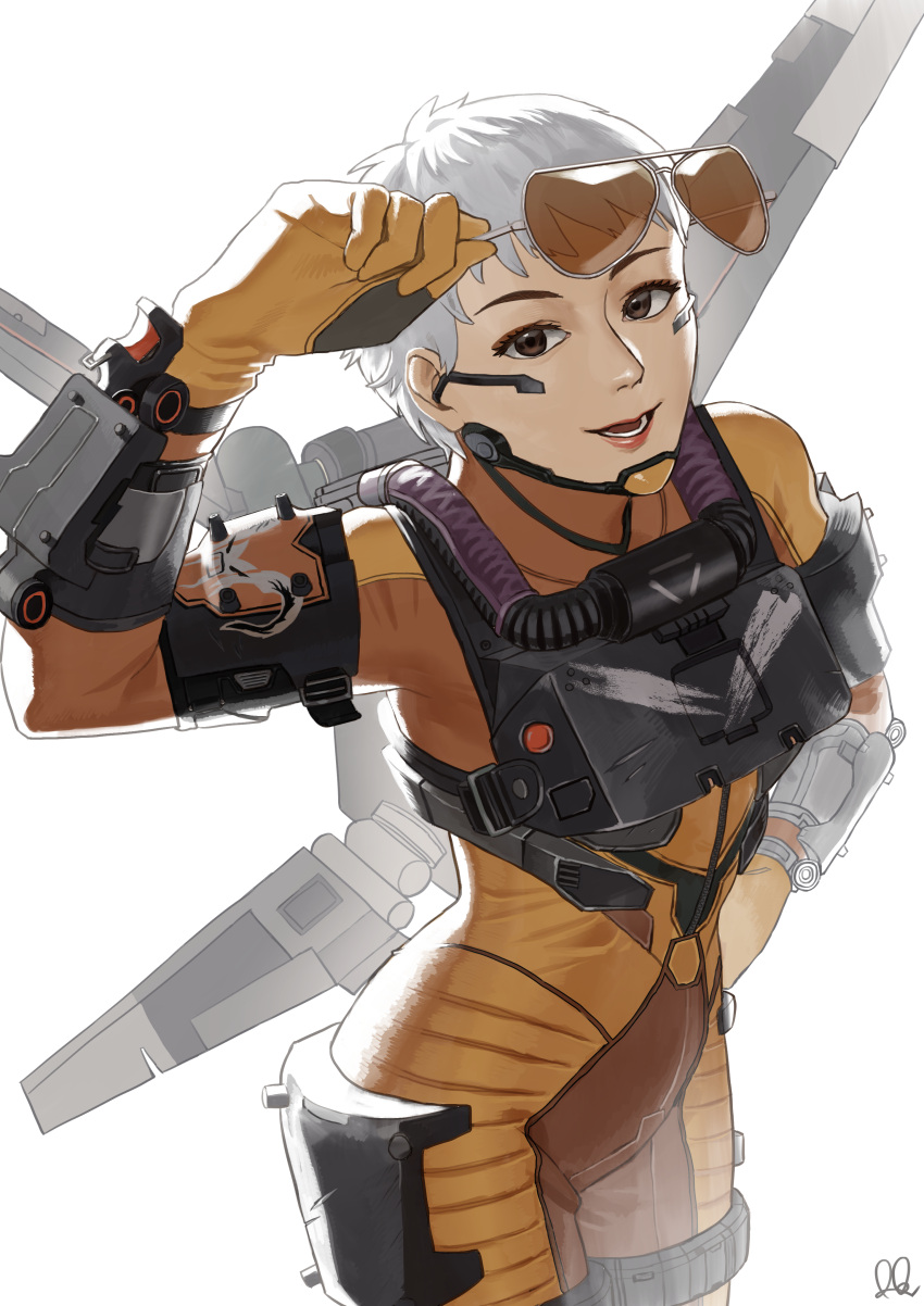 absurdres apex_legends armor aviator_sunglasses bodysuit breastplate brown_eyes gloves grey_hair hair_behind_ear hand_on_hip highres holding holding_eyewear hutagi_rouka jetpack looking_at_viewer open_mouth orange_bodysuit orange_gloves short_hair smile sunglasses valkyrie_(apex_legends)