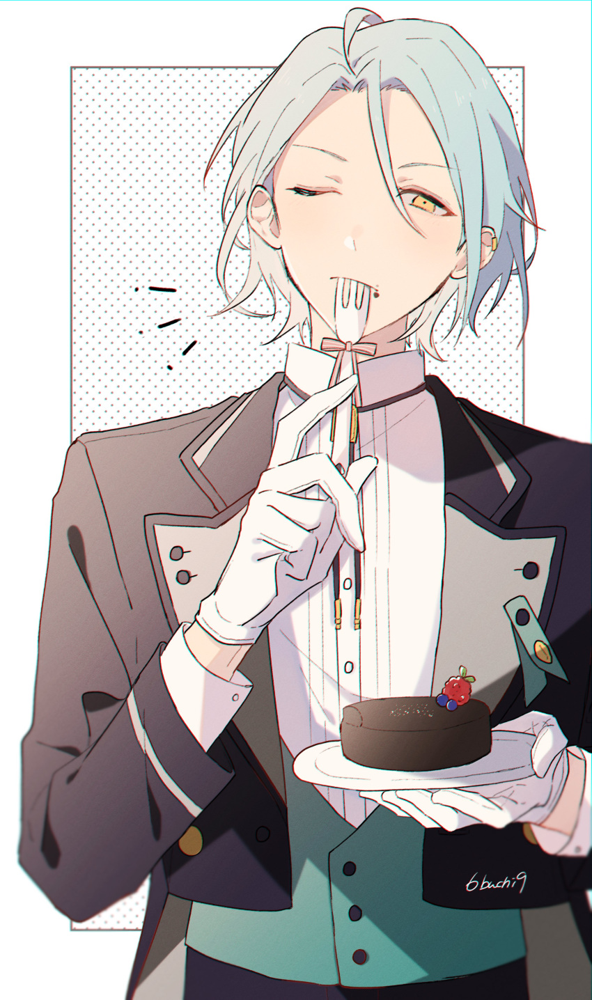 1boy absurdres aqua_vest artist_name black_jacket bolo_tie bow cake chocolate_cake cowlick cropped_jacket curtained_hair dress_shirt earclip ensemble_stars! food food_on_face fork fruit gloves hair_strand highres himeru_(ensemble_stars!) holding holding_fork holding_plate jacket light_blue_hair looking_at_viewer male_focus notice_lines one_eye_closed outside_border pink_bow plate polka_dot polka_dot_background raspberry shiba_twst_69 shirt short_hair solo straight-on suit_jacket symbol-only_commentary upper_body utensil_in_mouth white_gloves white_shirt yellow_eyes