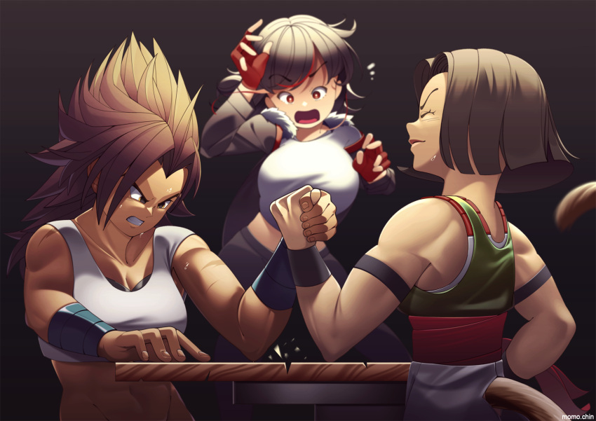 3girls arm_wrestling armband artist_name bangs black_background black_hair black_jacket black_wristband blue_wristband blunt_ends breasts brown_hair clenched_teeth closed_eyes closed_mouth commission cropped_shirt curtained_hair d: english_commentary fingerless_gloves fingernails fur_collar gloves green_tank_top highres jacket long_hair medium_breasts momochin multicolored_hair multiple_girls muscular muscular_female notice_lines open_mouth original parted_bangs red_eyes red_gloves scar scar_on_arm shirt short_hair sleeveless sleeveless_shirt spiky_hair sports_bra streaked_hair sweat tail tank_top teeth toned white_shirt wide-eyed widow's_peak wristband