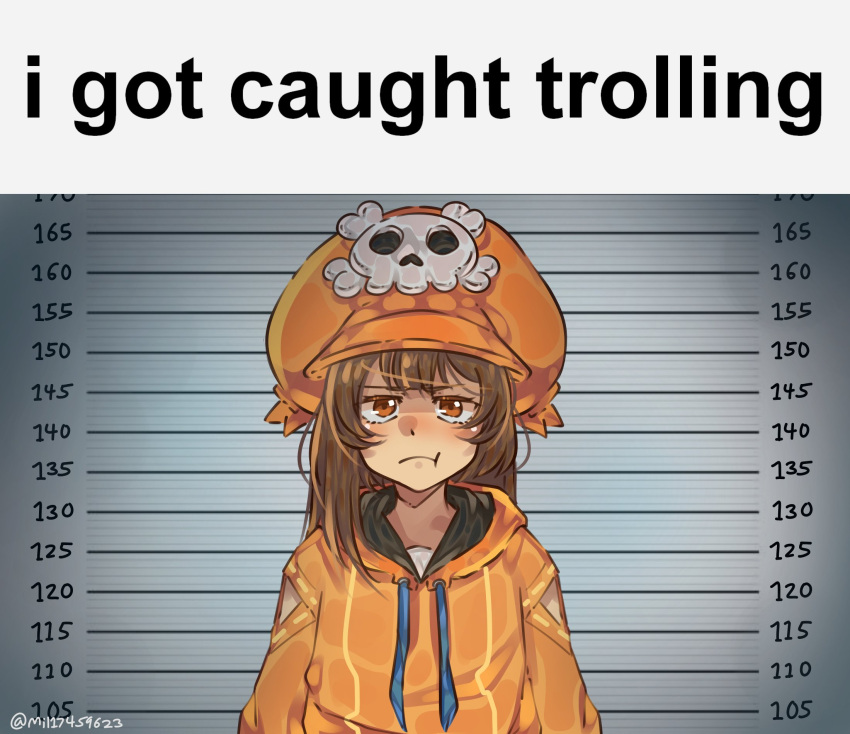 1girl bangs brown_hair english_text guilty_gear guilty_gear_strive highres hood hoodie long_hair looking_at_viewer may_(guilty_gear) meme mil17459623 mugshot orange_eyes orange_headwear orange_hoodie pout skull_and_crossbones solo twitter_username