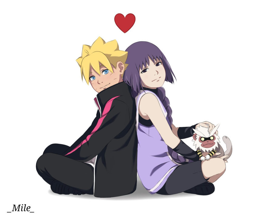 1boy 1girl back-to-back between_legs black_jacket black_pants black_shorts blonde_hair boruto:_naruto_next_generations braid braided_ponytail couple from_side hair_over_shoulder hand_between_legs heart hetero highres indian_style jacket kakei_sumire long_hair long_sleeves naruto_(series) nue_(boruto) open_clothes open_jacket pants petting ponytail purple_hair purple_jacket short_hair shorts simple_background sitting sleeveless sleeveless_jacket uzumaki_boruto white_background yo_1998