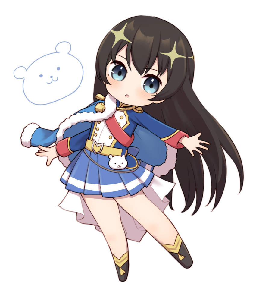 1girl :o bangs belt_buckle black_footwear black_hair blue_eyes blue_jacket blue_skirt blush boots buckle chibi commentary_request epaulettes full_body fur-trimmed_jacket fur_trim hair_ornament highres jacket jacket_on_shoulders kagura_hikari kinakonato leaning_to_the_side long_hair long_sleeves looking_at_viewer miniskirt outstretched_arms parted_lips pleated_skirt red_sash sash shoujo_kageki_revue_starlight shoulder_sash simple_background single_stripe skirt solo sparkle_hair_ornament standing striped striped_skirt stuffed_animal stuffed_toy tassel teddy_bear very_long_hair waist_cape white_background yellow_belt