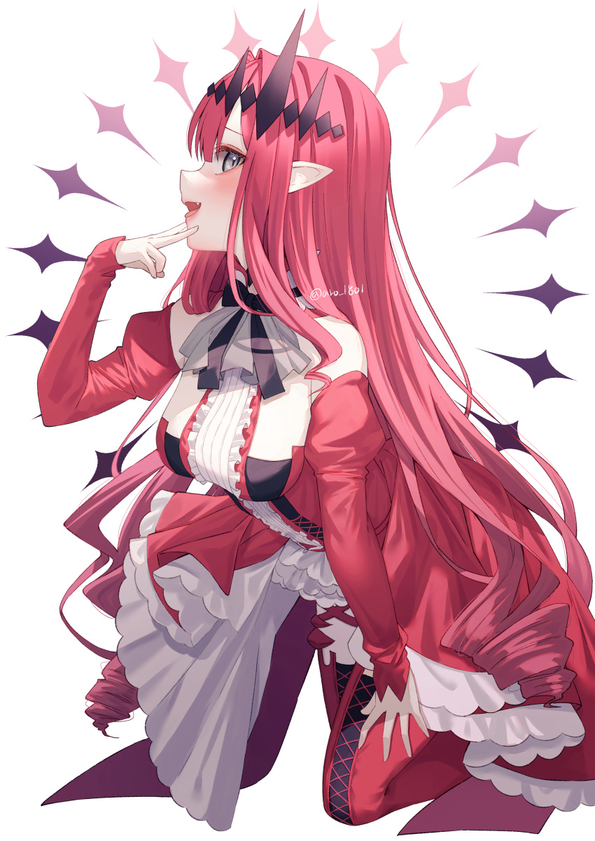1girl absurdres aro_1801 bangs black_bow blush boots bow breasts crown dress fairy_knight_tristan_(fate) fangs fate/grand_order fate_(series) green_eyes hand_up highres jewelry long_hair long_sleeves open_clothes open_mouth pink_dress pink_footwear pink_hair puffy_sleeves ribbon sitting small_breasts smile solo tongue vampire white_background