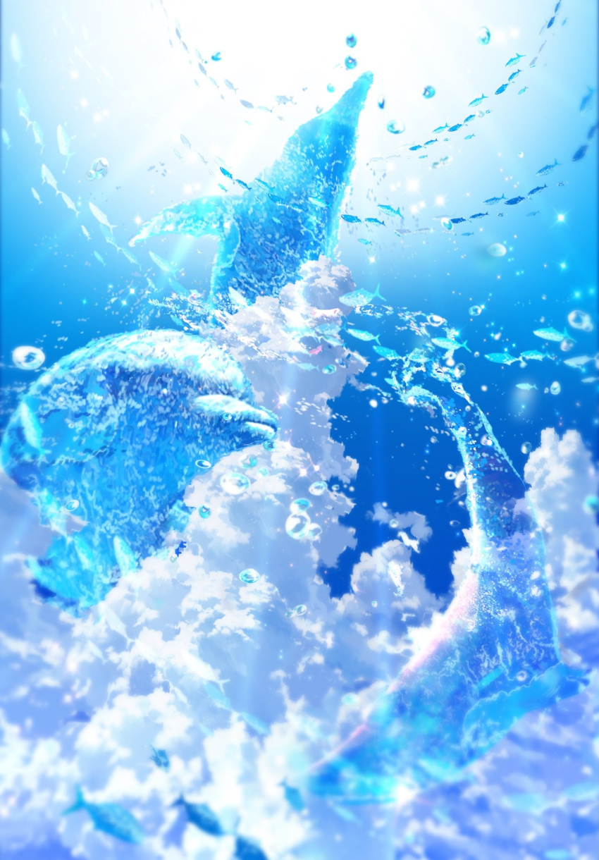 animal blue_sky bubble clouds cloudy_sky day dolphin fish highres hydrokinesis light light_rays makoron117117 no_humans original scenery sky sparkle water water_drop whale