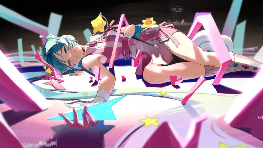 1girl aqua_eyes aqua_hair chinese_commentary commentary dress gloves glowing hair_ornament happy_tears hatsune_miku headphones highres holding holding_wand jiuyesang light_blush long_hair lying magimirai_miku_(2022) microphone_wand necktie on_floor on_side outstretched_arm parted_lips pink_dress pink_gloves pink_necktie radio_antenna rocket_ship smile solo spacecraft star_(symbol) star_hair_ornament tears twintails very_long_hair vocaloid wand
