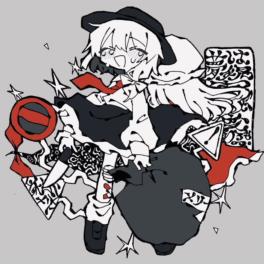 ! 2girls :d absurdres back-to-back bandaid bandaid_on_leg bangs bisukyuwi bow closed_eyes collared_shirt commentary crying fedora frilled_skirt frills full_body gap_(touhou) grey_background greyscale hair_bow hat highres knife long_hair long_sleeves loose_socks maribel_hearn medium_hair mob_cap monochrome multiple_girls necktie one-hour_drawing_challenge road_sign shirt shoes sign skirt smile spot_color star_(symbol) tears touhou trash_bag usami_renko