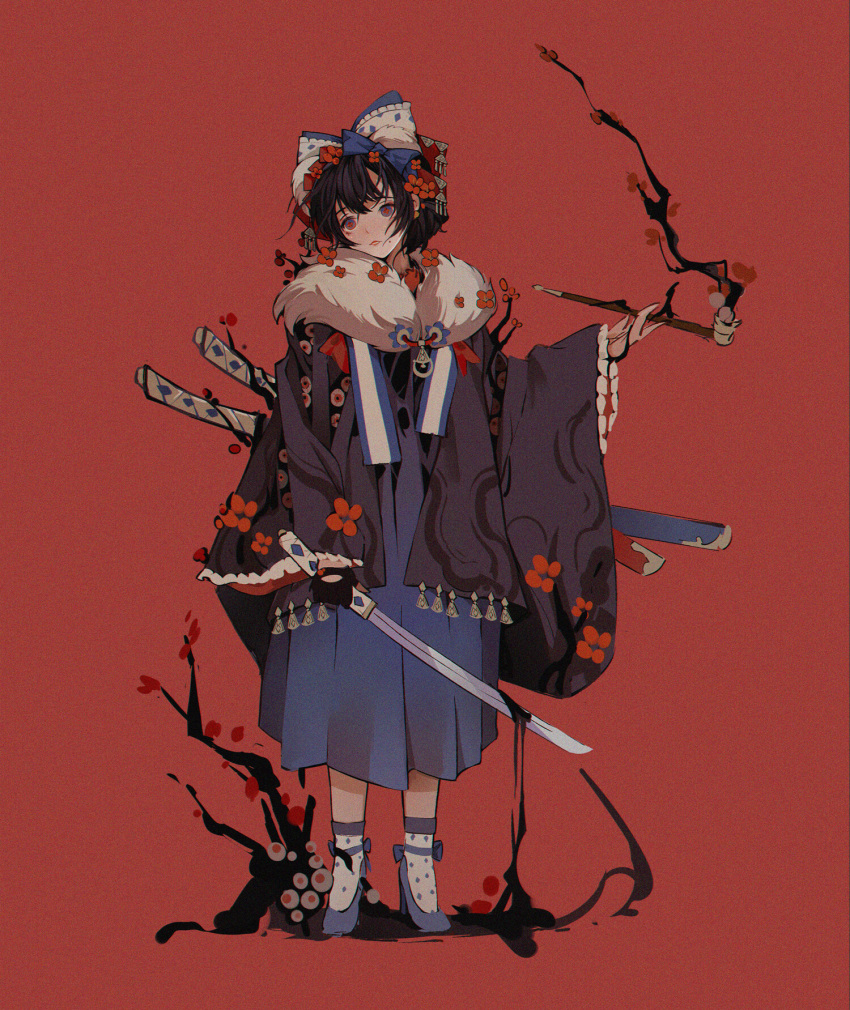 1girl blackcat_enjia bow flower grin high_heels highres katana lipstick makeup mole mole_under_mouth original plant red_background smile smoking_pipe sword weapon