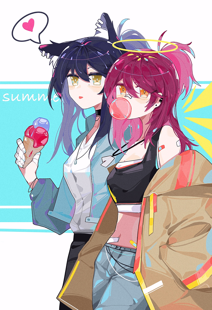 2girls absurdres alternate_costume animal_ears arknights bandaid bandaid_on_face bandaid_on_nose black_hair blue_jacket breasts brown_jacket bubble_blowing chewing_gum choker crop_top denim detached_wings dog_tags ear_bar ear_piercing english_text exusiai_(arknights) food halo haobuguniao heart highres holding holding_food ice_cream jacket jeans long_hair looking_at_viewer multiple_girls navel off_shoulder pants piercing ponytail redhead shirt small_breasts spoken_heart tank_top texas_(arknights) tongue tongue_out white_shirt wings wolf_ears yellow_eyes