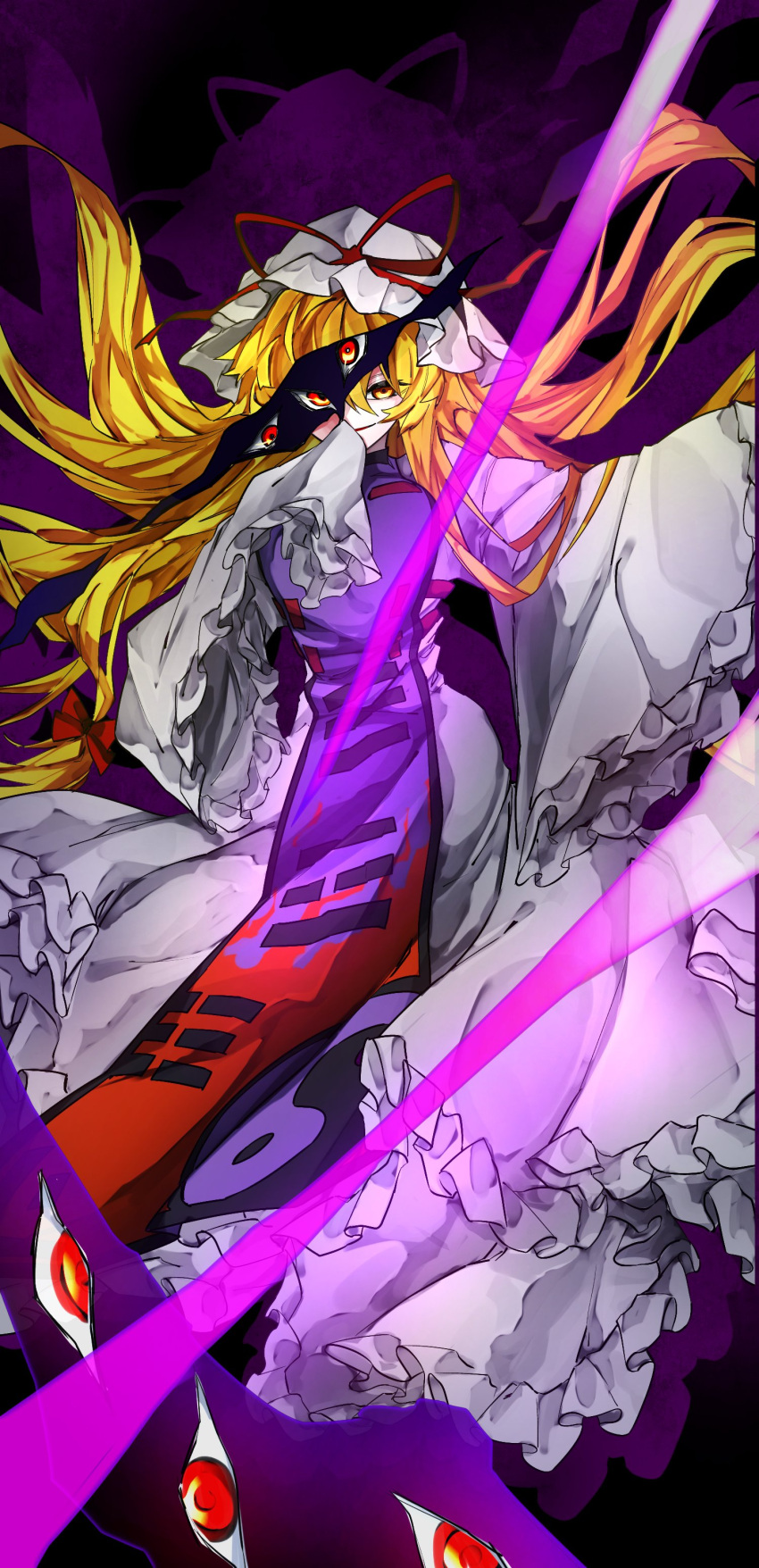 1girl absurdres bangs blonde_hair bow commentary dress frilled_dress frills full_body gap_(touhou) grey_dress grey_headwear hair_bow hand_to_own_mouth hat hat_ribbon highres long_hair long_sleeves looking_at_viewer mob_cap one_eye_covered open_mouth orange_eyes purple_tabard red_bow red_eyes red_ribbon ribbon sleeves_past_fingers sleeves_past_wrists smile solo touhou vivo_(vivo_sun_0222) wide_sleeves yakumo_yukari