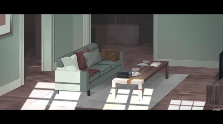 artist_name book commentary_request couch hakuurei_amano highres indoors letterboxed living_room no_humans original paper pillow plate scenery shadow signature table television watermark